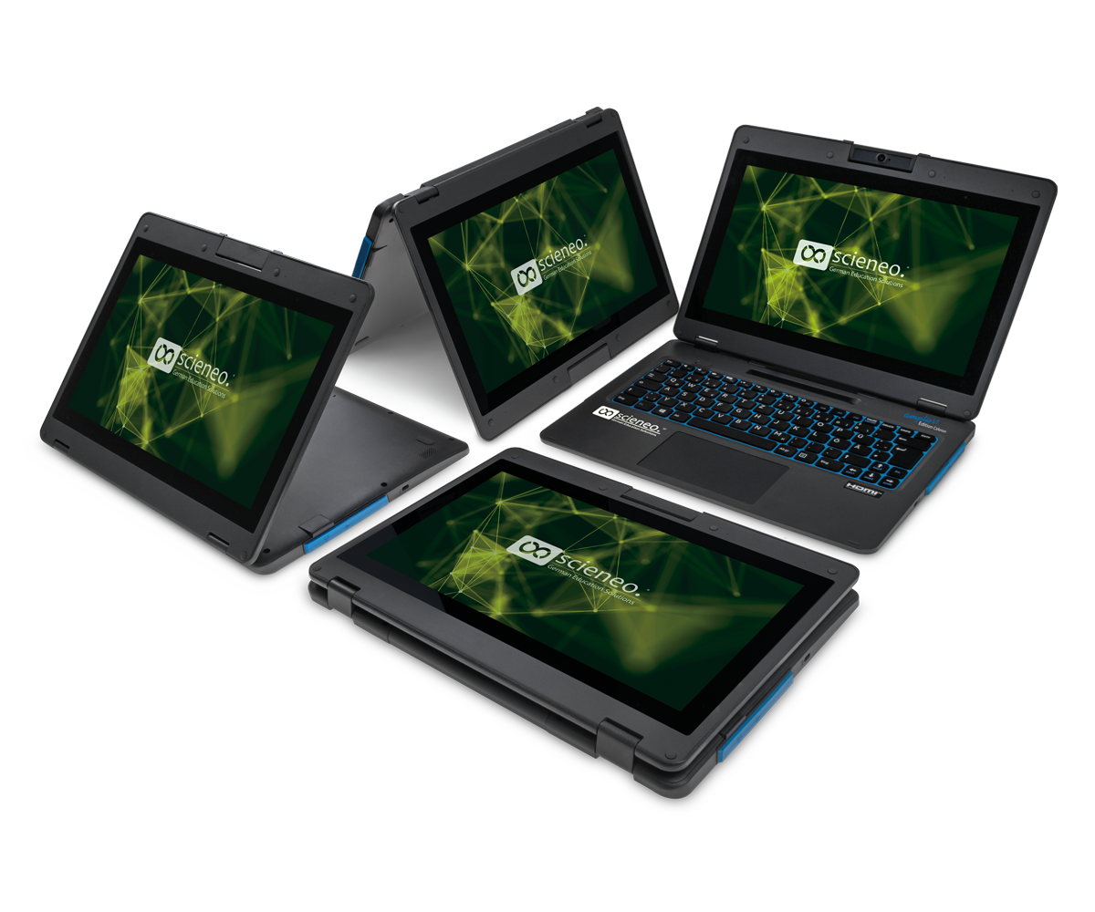 scieneo Laptop in vier Nutzungspositionen - Laptop-Modus, Zelt-Modus, Tablet-Modus, Kino-Modus