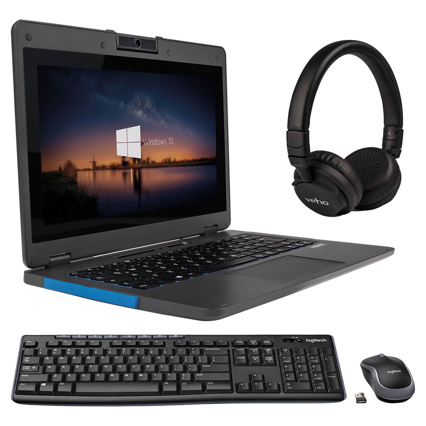Bild eines amplio 6 Laptops mit externer Logitech Tastatur und Maus inkl. eines Veho Kopfhörers