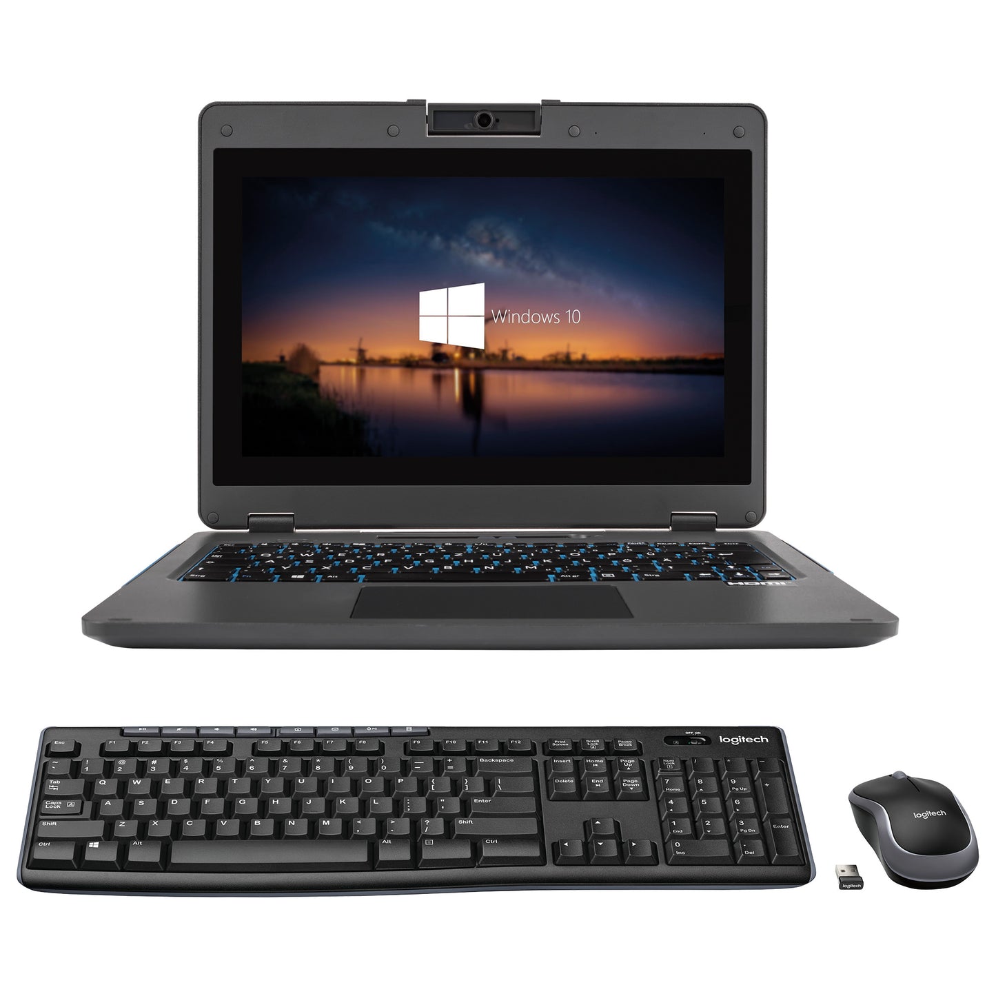 Bild eines amplio 6 Laptops mit externer Logitech Tastatur und Maus