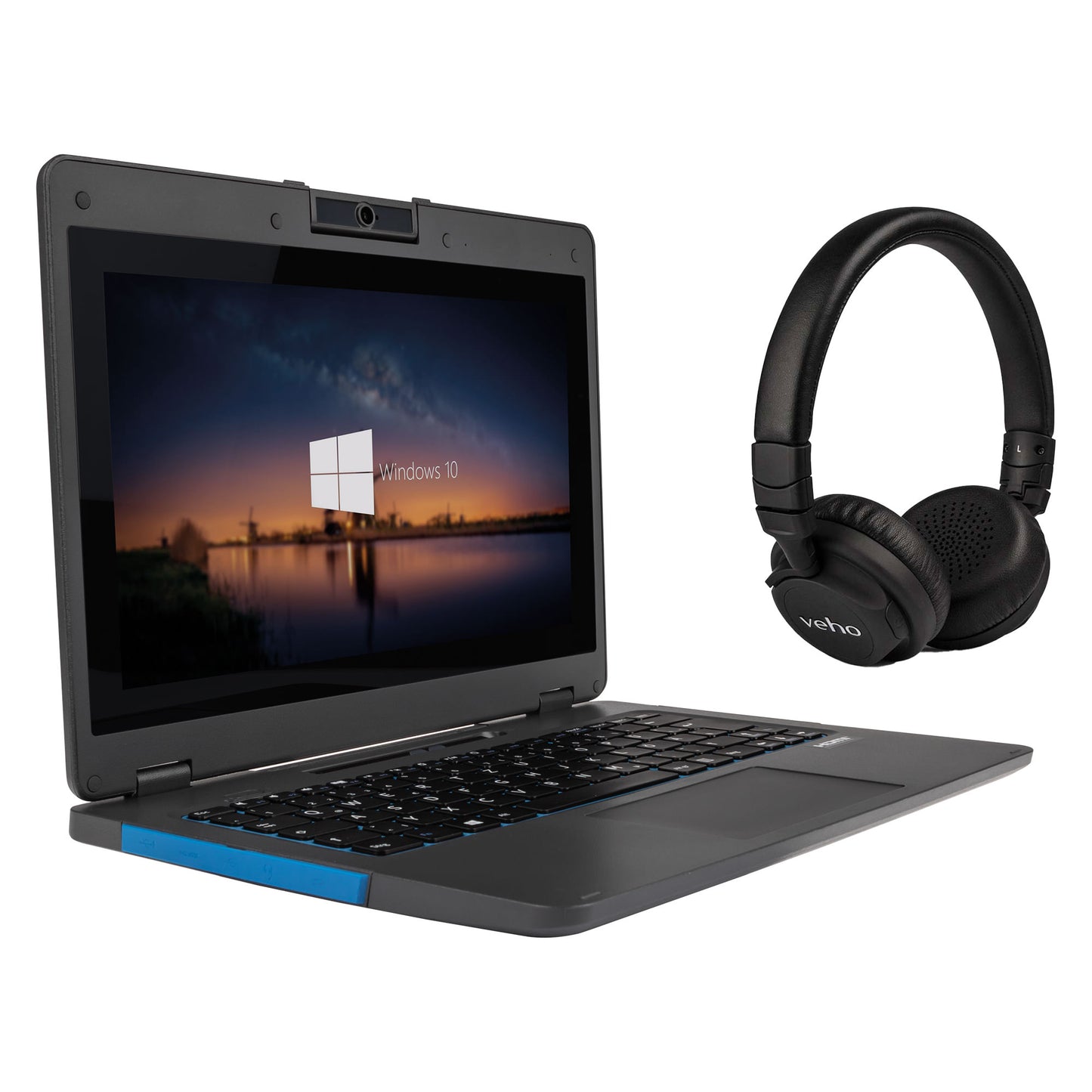 Bild eines amplio 6 Laptops mit einem Veho Kopfhörer