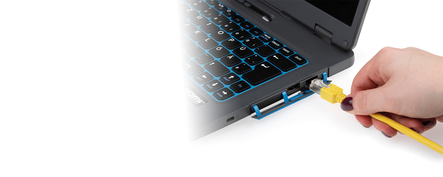 Bild eines amplio 6 Laptops welcher an das Schulnetzwerk angeschlossen wird