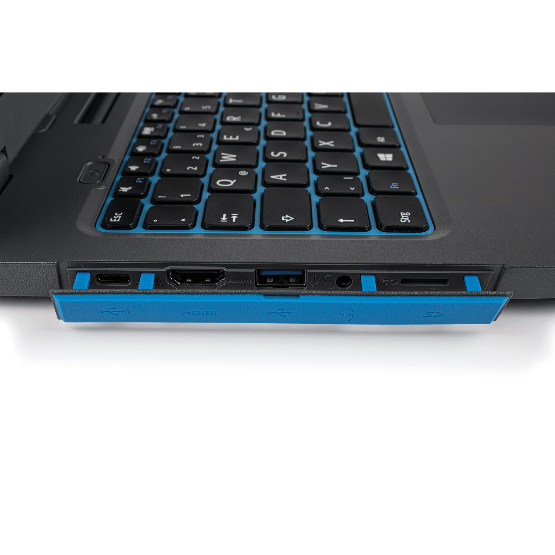Bild der Anschlüsse des Amplio 6 laptops - USB-C, HDMI, USB 3.0, AUX, SD