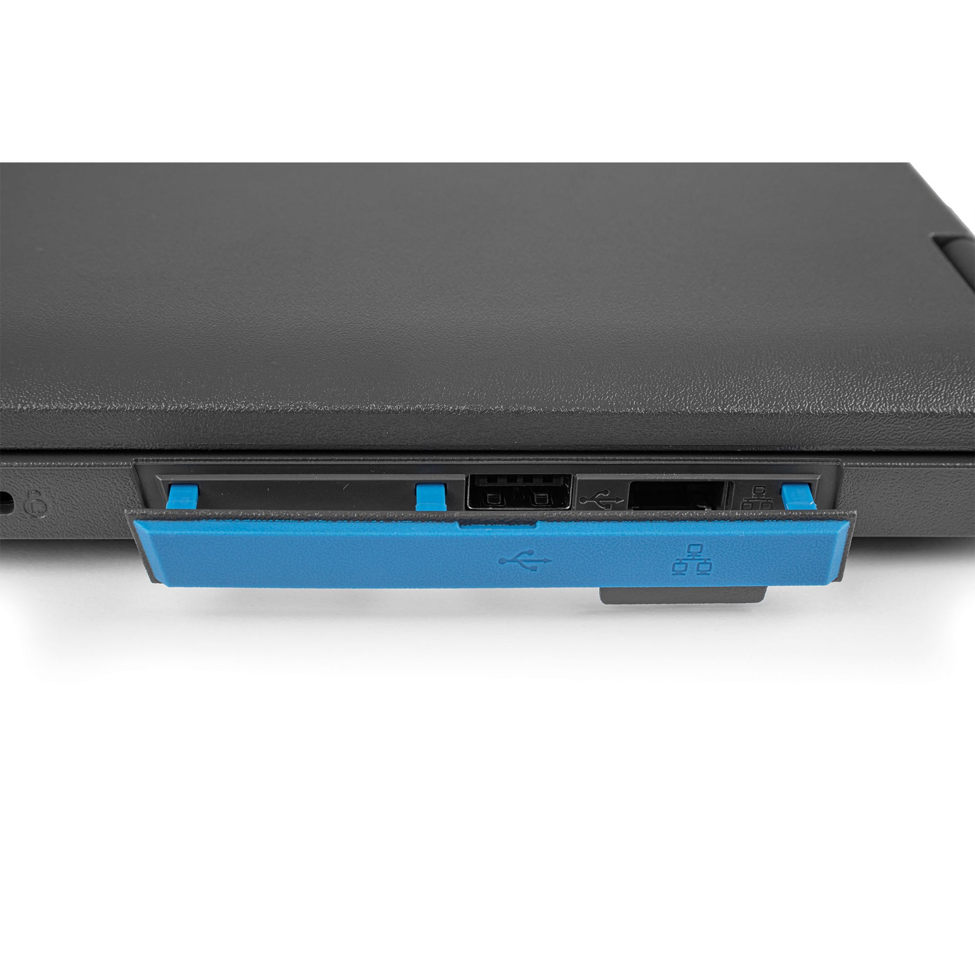 Bild der Anschlüsse des Amplio 6 laptops - USB 2.0, RJ45, Kingston Lock