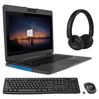 Bild eines amplio 6 Laptops mit externer Logitech Tastatur und Maus inkl. eines Veho Kopfhörers