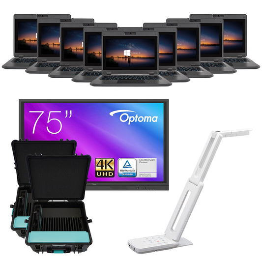 Bild mit mehreren amplio 6 Laptops, einem interaktiven Whiteboard, zwei Ladekoffern und einer Dokumentenkamera