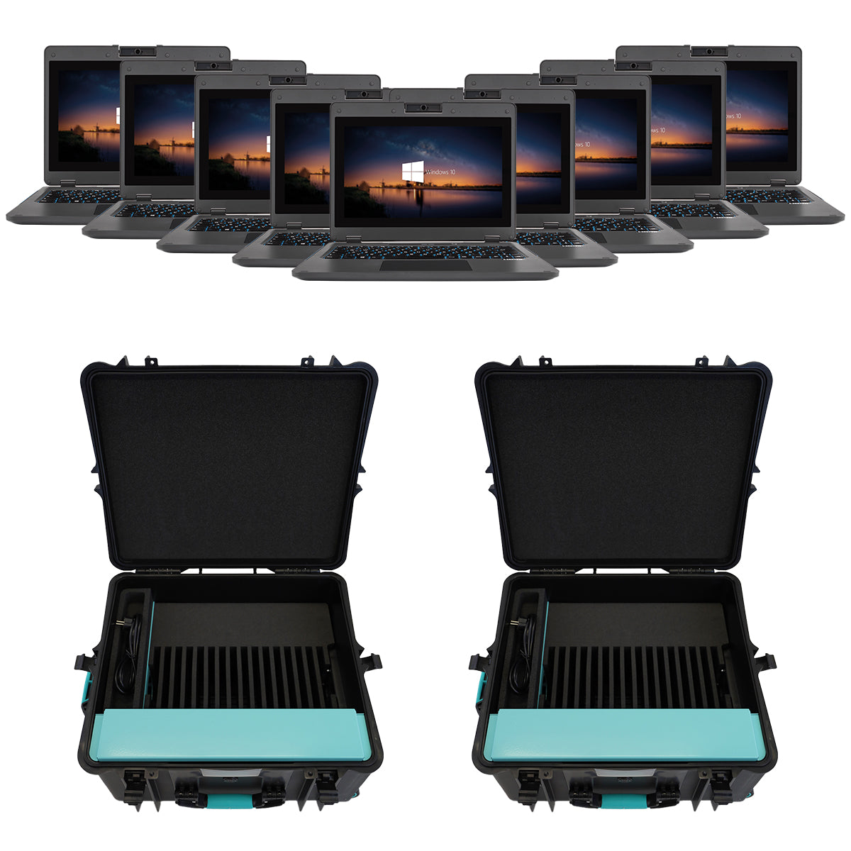 Bild von mehreren scieneo amplio 6 Laptops mit zwei Ladekoffern