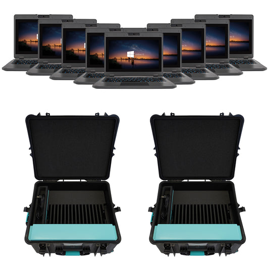 Bild von mehreren scieneo amplio 6 Laptops mit zwei Ladekoffern